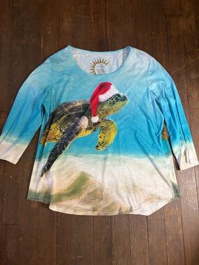 Sea Turtle Graphic Top with Santa Hat - Blue Green